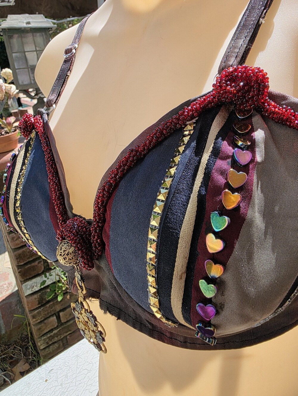 Women's vintage Embellished Burgundy & Black Festival Bra - Picture 4 of 5